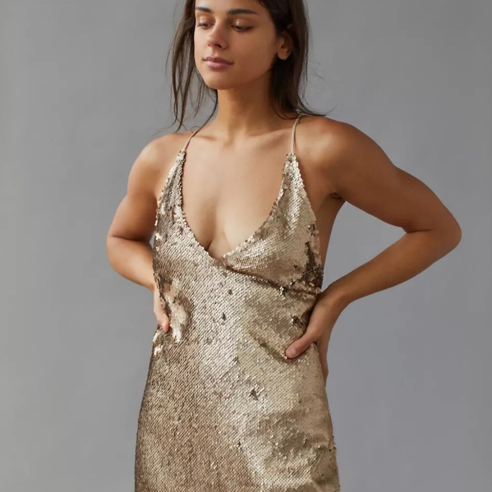 052 Urban Outfitters Motel Shine Gold Sequin Mini Dress L